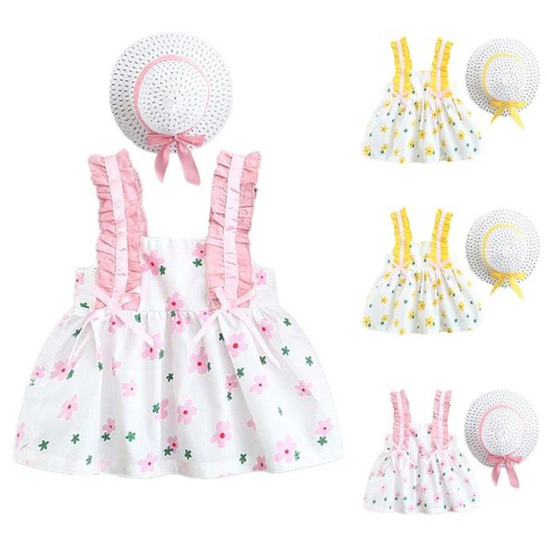 

clothing sets 2021 summer toddler baby kids girls sleeveless watermelon printing ruched bow princess dress+hat outfit set clothes 2pcs, White