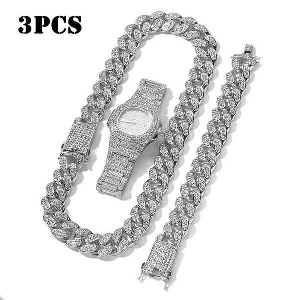 

pcs necklace+watch+bracelet hip hop miami cuban chain gold color iced out paved rhinestone rapper men jewelry set women watch wristwatches, Slivery;brown