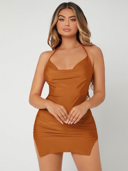 

sxy tied backless -split hem dress m2sr#, Black;gray