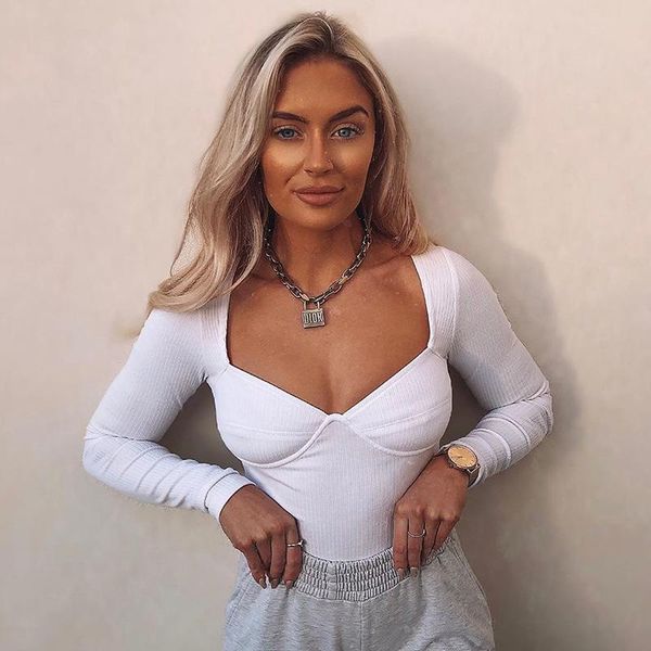 

v neck knitted bodysuit women black long sleeve buttons rompers jumpsuit 2021 casual white body suits streetwear women's jumpsuits &, Black;white