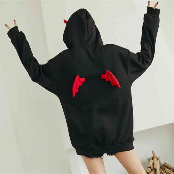 

cute punk gothic girls womens hoodie devil horn chic hooded pullover loose sweatshirt autumn winter high street harajuku, Black
