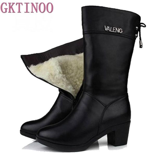

winter boots wool fur inside warm shoes women high heels genuine leather handmade snow footwear botas, Black