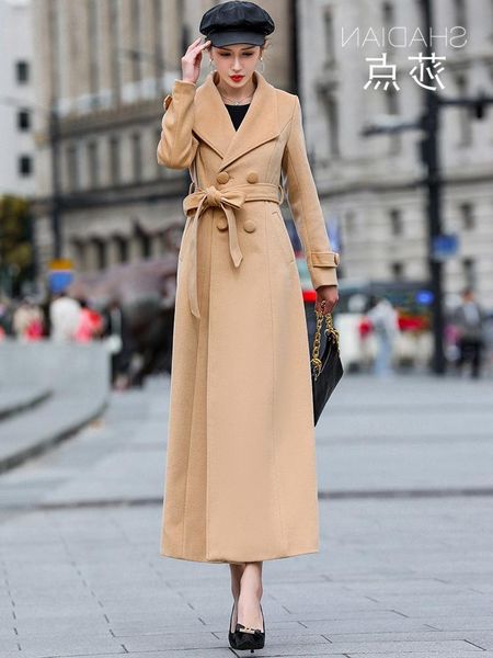 

women's wool & blends shzq woolen overcoat long over knee 2021 temperament camel cashmere slim windbreaker, Black