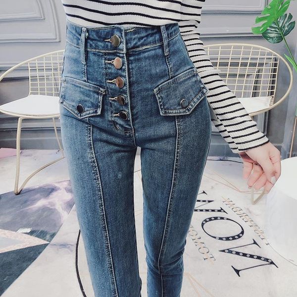 

women's jeans plus size 26-32women single breasted pencil pants stretch high waist women skinny 5tho, Blue