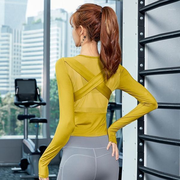 

plus size s-3xl long sleeve sports shirts women jogging back mesh cross t-shirts quick-dry thumb hole fitness breathable yoga outfit