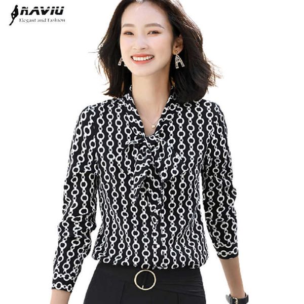 Laço gravata impressão Camisa Mulheres Manga Longa Primavera Outono Design Slim Chiffon Blusas Escritório Senhoras Trabalho Formal Tops 210604