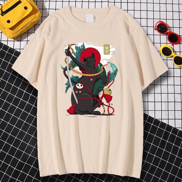 

men's t-shirts japan street style cat knife printed male tshirts vintage o-neck streetwear casual clothes fitted comfortable men, White;black