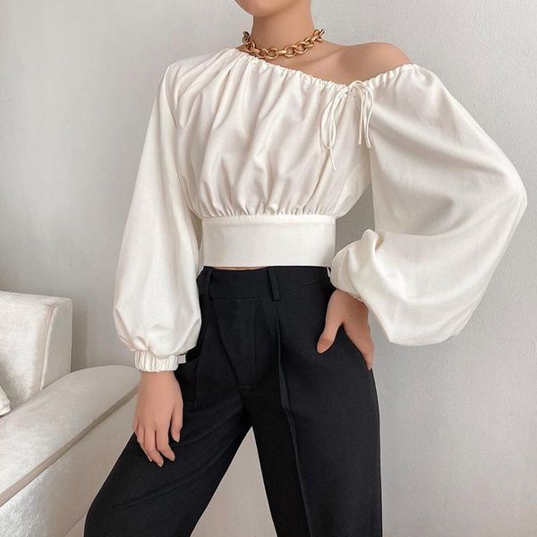 

solid color women's slant shoulder lace up lantern sleeve elastic waist t-shirt, White