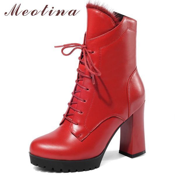 

winter fur ankle boots women natural genuine leather platform block heel short zip super high shoes autumn 39 210517, Black