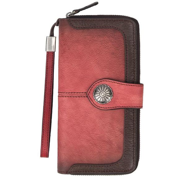 

wallets women's vintage long wallet handmade genuine leather zipper handbags, Red;black