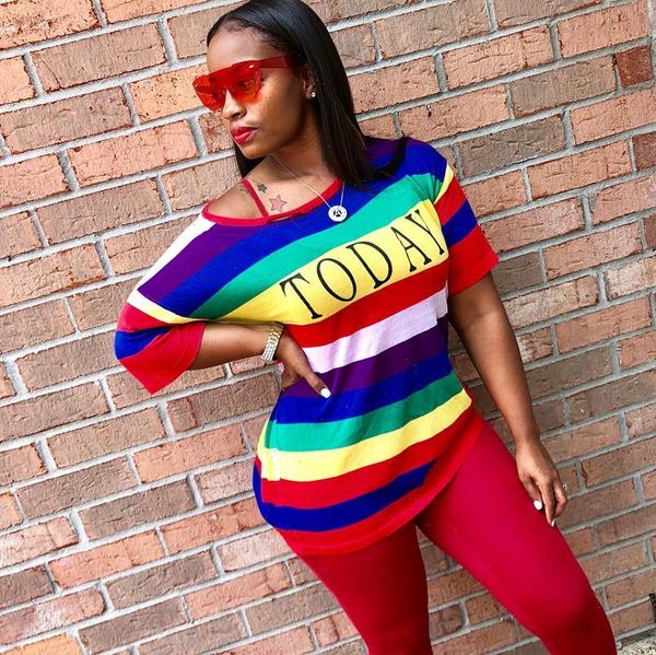 

womens tracksuits autumn fashion sporting women set rainbow striped letter print t shirt skinny pencil pants suit two piece elegant, Gray