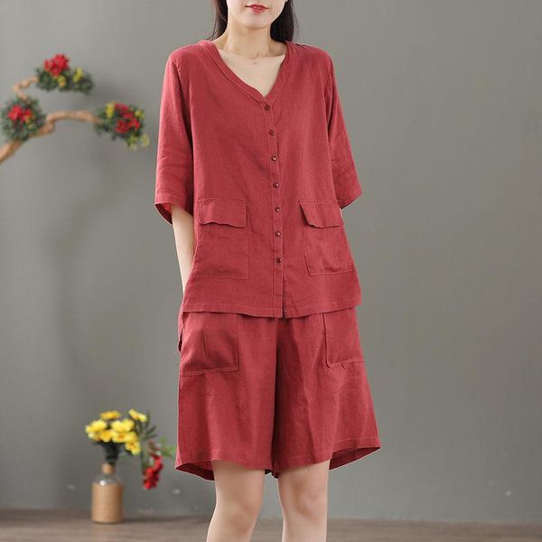 

women's tracksuits summer retro v-neck single-breasted cardigan cotton linen women loose wide-leg shorts female plus size two piece se, Gray