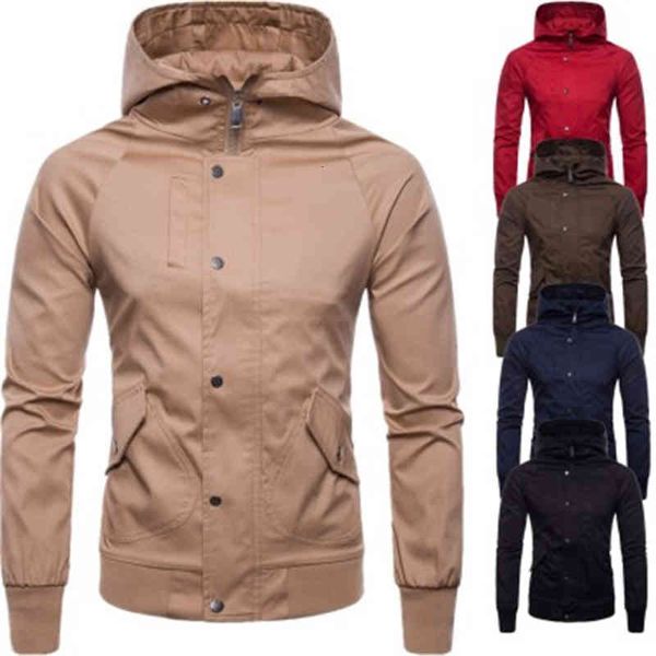 

men's jackets men solid color jacket fashion trend stand collar zipper buttons slim hooded outerwear spring male thin style casualr eng, Black;brown