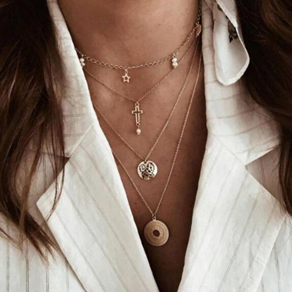 

chains fashion star pearl love geometry hollow disc multilayer necklace jewelry 2021 #3l26, Silver