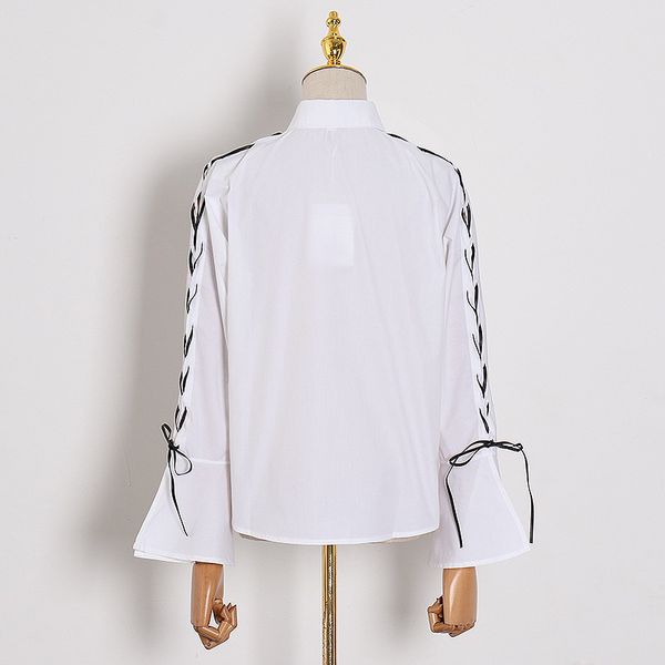 

vgh casual loose shirts for women lapel flare long sleeve weave cross bowknot elegant blouses female fashion clothing style 210421, White