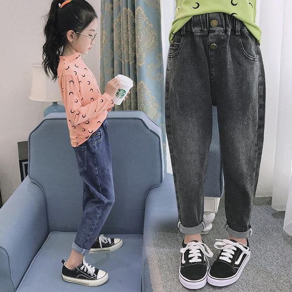 

jeans 2021 spring autumn fashion casual children kids clothing for girl denim pants elastic waist teenagers trousers w492, Blue