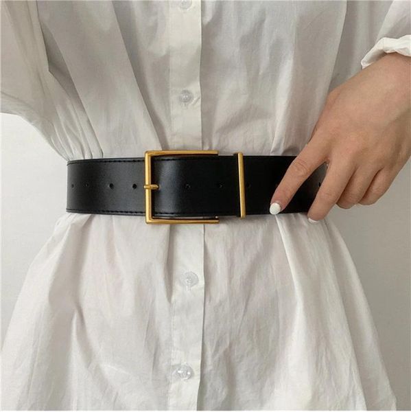 

belts women's fashion wide waist belt metal pin buckle black camel leather decorative coat trousers simple dress waistbands, Black;brown