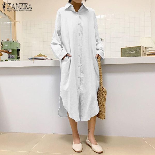 

casual dresses elegant solid shirt dress women autumn sundress zanzea 2021 long sleeve midi vestidos female lapel button robe plus size, Black;gray