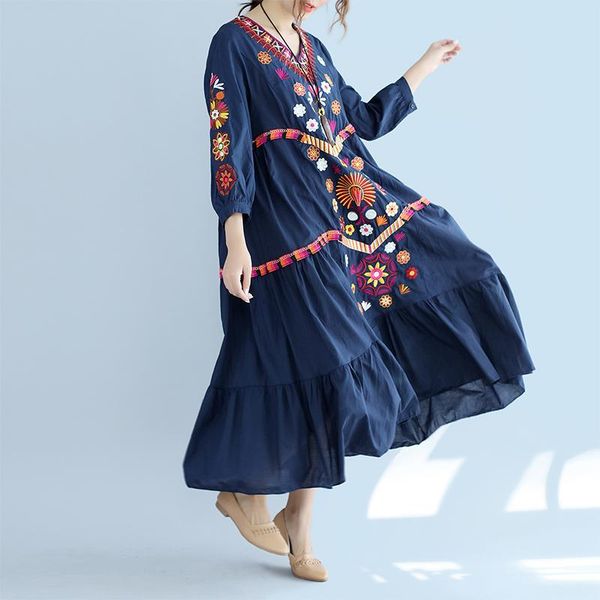 

casual dresses plus size loose bohemia embroidery 2021 vintage women three quarter sleeve floral embroidered cotton linen dress, Black;gray