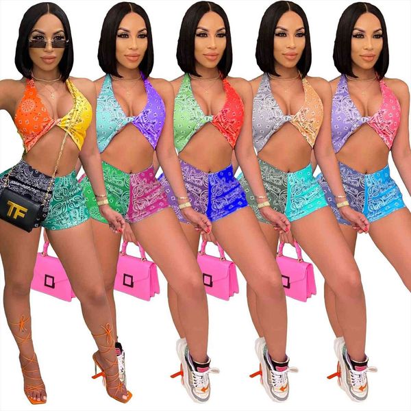 

summer bandana print two womens tracksuits piece set halter backless crop and shorts outfit for women night club, Gray
