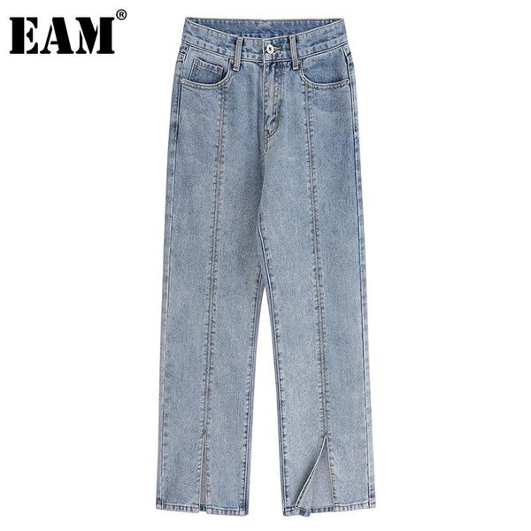 

[eam] zipper blue front vent straight long jeans high waist loose women trousers fashion tide spring autumn 2021 1dd4917 women's
