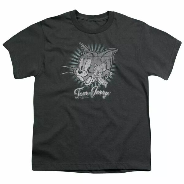 

Tom and Jerry Happy Classic Pals Kids Youth T Shirt Licensed Cartoons Charcoal, White;black