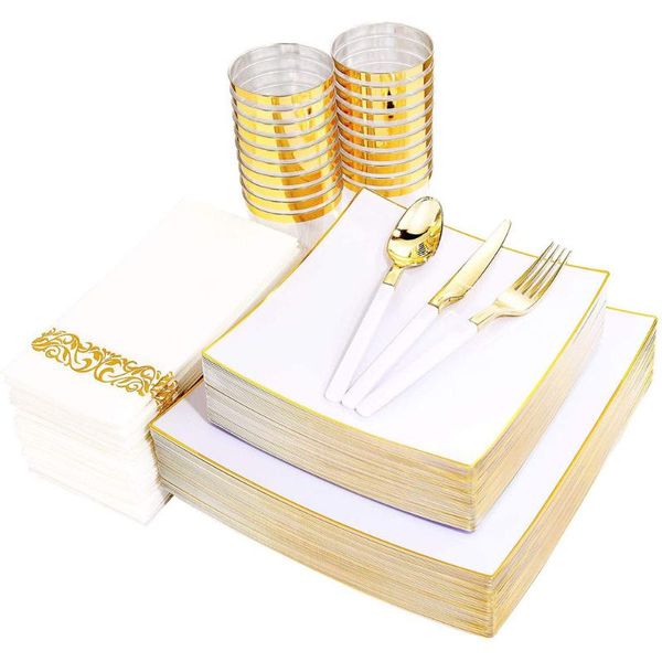 

disposable dinnerware 50 pieces of tableware white square with gold rim plastic plate silverware wedding party supplies