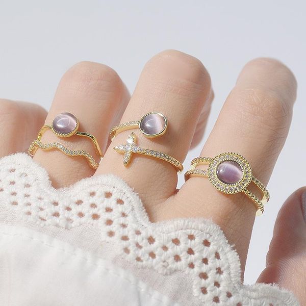 

ins luxury opal ring ror women charm micro inlaid 14k real gold zircon double layers wedding rings bague anillos bijoux cluster, Golden;silver