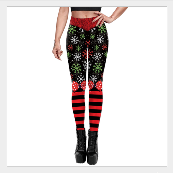 

women's leggings sweolso women fitness christmas custom snowflake bowknot printed sportswear girl high waist push up leggins black pant