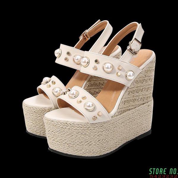 

sandals women super high heel wedge15cm summer platform shoes party evening dress comfortable wedding pearls, Black