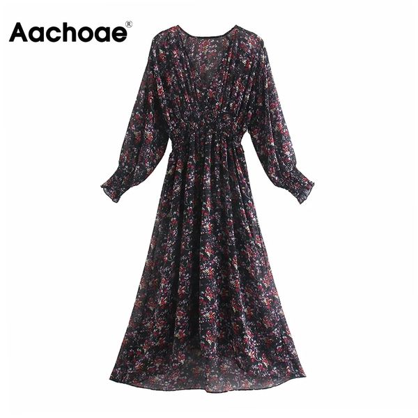 

women boho v ne chiffon long dress floral print a line party dress ruffle long sleeve elastic waist vintage dresses, Black;white