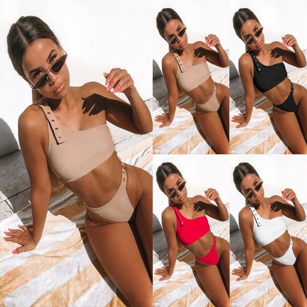 

women's split swimsuit one shoulder solid perforated bikini, White;black