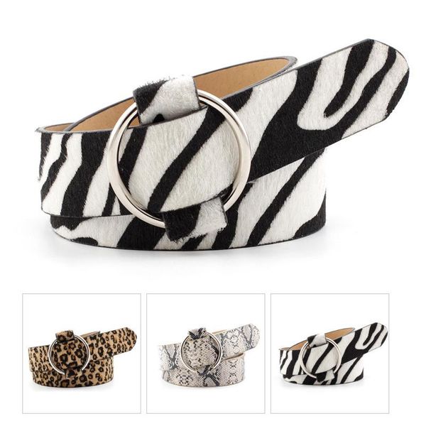 

belts women's circle ring buckle non-porous pu leather belt leopard print snakeskin pattern zebra jeans dress, Black;brown
