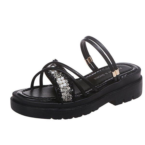 

summer women's sandals 2021 fashion rhinestone slope bottom flip-flops outdoor beach ladies style, Black