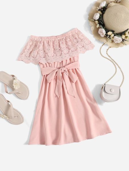 

toddler girls 1pc contrast lace off shoulder belted dress she, Red;yellow