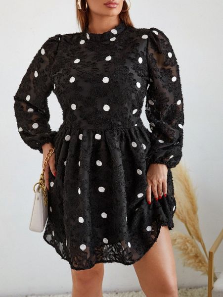 

plus polka dot fuzzy lantern sleeve mock neck dress x2zy#, Black