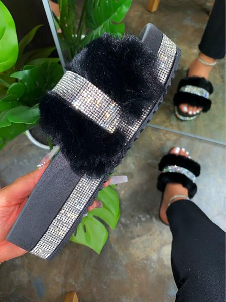 

black fur slides women home summer shoes fashion bling flip flops platform soft bottom slippers mixed colors