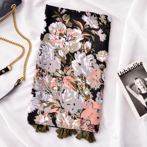 

scarves elegant cotton and linen scarf for ladies vintage fashion thin shawls women flowers pattern warm wrap shawl w112, Blue;gray