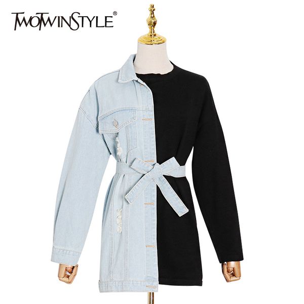 

twotwinstyle elegant patchwork denim jacket for women lapel long sleeve sashes lace up casual jackets female fashion clothes 210517, Black;brown