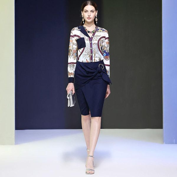 

two piece dress 2021 spring women sets for work elegant outfits v neck print skirt and blouses ladies designers runway set, White