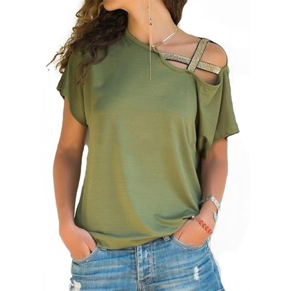 

women's t-shirt t shirts womens stylish sloping shoulder bling nail cross hollow out shirt ladies chic short sleeve tee casual retro mt, White
