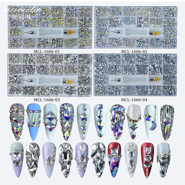 

nail art decorations 400pcs/box 20 shape glass crystals stones ab flat back 3d mixed rhinestone set with a pen, Silver;gold