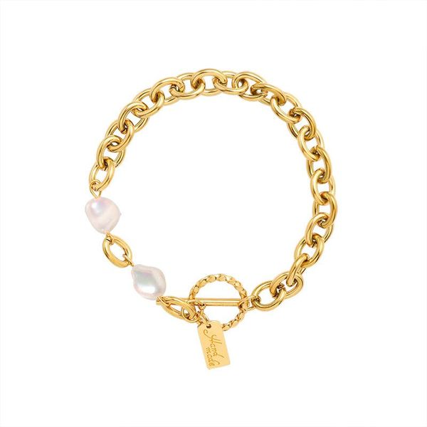 

link, chain fashion jewelry personalized stainless steel gold plated natural pearl bracelet, Black