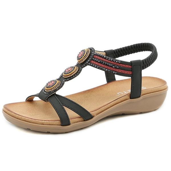 

sandals cevabule summer retro female bohemian comfortable soft elastic band casual slope with large size women's shoes ysk, Black