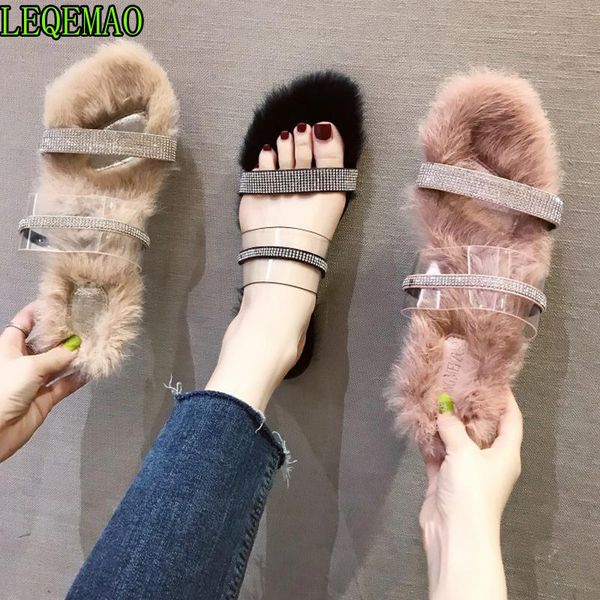 

slippers autumn women crystal with faux fur fashion warm shoes woman slip on flats female slides black pink plus size 39