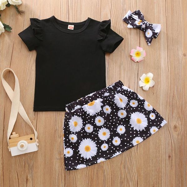 

clothing sets born baby clothes girls ruffle solid + floral daisy short skirt+hairband girl bodysuit, White