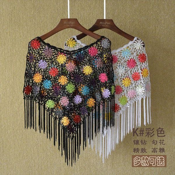 

summer style ice silk women shirts thin lace sunscreen crochet shawl hollow out flower patterns cape blusas, White
