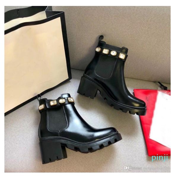

ladies short boots 100% cowhide classic women shoes leather high heeled fashion diamonds lady thick heel martin boots size 35-42, Black