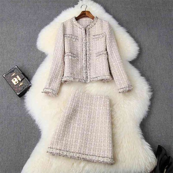 

brand fashion runway 2 piece set women autumn winter luxury pearls beading tweed woolen jacket coat and skirt suit 210514, White