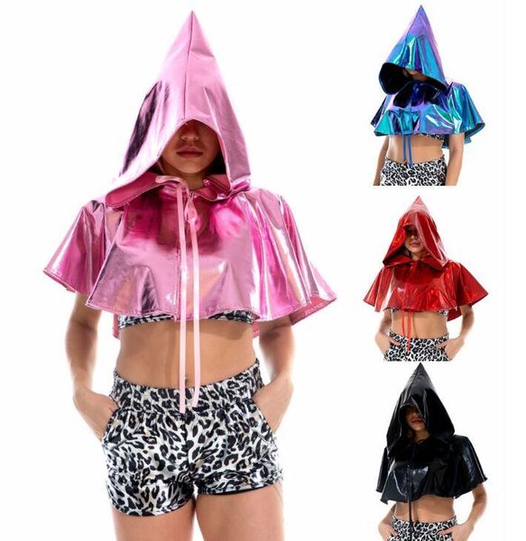 

women's hoodies & sweatshirts woman cosplay sweatshirt solid color hat pullover metallic pu laser cloak  7color, Black
